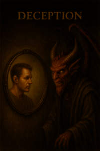 Man and false prophet see each other in mirrors—symbolizing mutual deception.