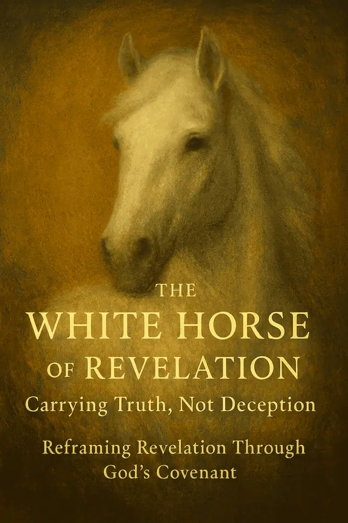 A white horse emerging from darkness, symbolizing truth revealed rather than divine retaliation in the Book of Revelation.