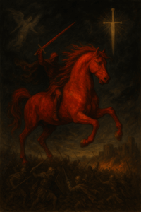The Red Horse of Revelation with rider holding a sword, symbolizing war and divine judgment from Revelation 6