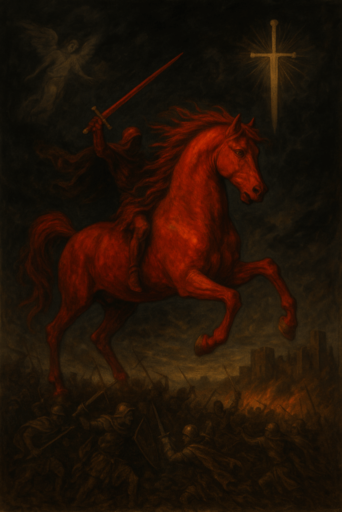 The Red Horse of Revelation with rider holding a sword, symbolizing war and divine judgment from Revelation 6