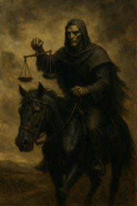 Black horse bearing scales, symbolizing divine justice through exposure of economic corruption