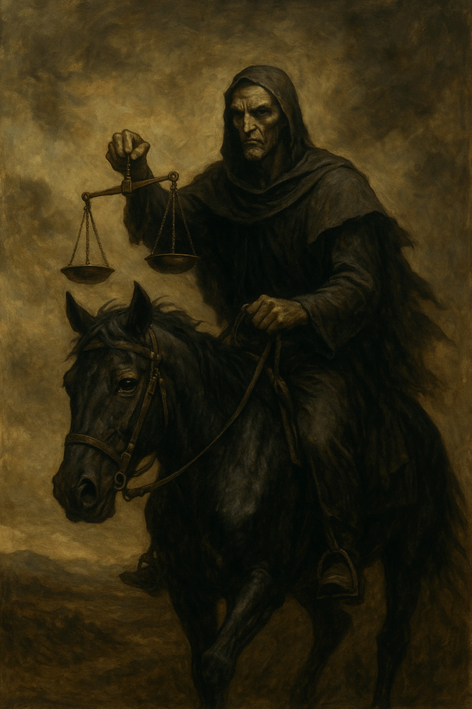 Black horse bearing scales, symbolizing divine justice through exposure of economic corruption