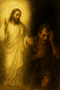 Jesus radiant in divine presence, revealing human corruption through holiness—not judgment