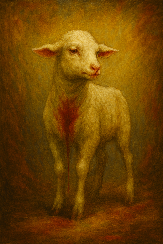 Slain lamb still standing. In quiet strength, symbolizing sacrificial love and enduring mercy