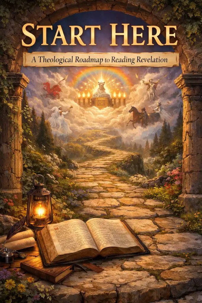 A biblical pathway leading to the throne of the Lamb, symbolizing a theological roadmap to reading Revelation — with an open Bible, lamp, and heavenly imagery.